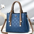 Blue plaid embossed tote bag with brown contrast straps and large capacity for women - Blue