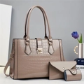 Conjunto de tres piezas de bolsos de charol beige con relieve de cocodrilo y oro - Caqui