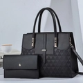 Modisches Set aus schwarzer PU-Handtasche mit geometrischer Prägung und goldener Hardware - Schwarz
