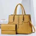 Fashionable bright yellow PU leather handbag and wallet set with triangle embossed patterns - Beige