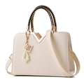 Chic beige handbag with geometric quilting, braided handle and pearl letter charm - White
