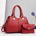 Red pebbled leather handbag set with tote bag and matching clutch, gold hardware - 2Pcs Set With Pouch / Red