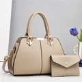 Chic beige textured faux leather handbag set with matching envelope clutch and gold hardware - 2Pcs Set With Pouch / Khaki