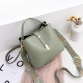Bean green lychee texture leather bucket bag with wide jacquard shoulder strap - Green