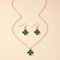 Golden clover jewelry set with dark green enamel necklace and matching earrings - Green