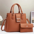 Brown litchi pattern tote bag set with matching pouch and silver metal buckle detail - Khaki/Earth Yellow
