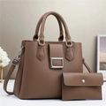 Brown lychee pattern tote bag and envelope wallet set with silver square buckle - Brown