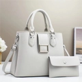 White litchi pattern leather handbag set with metal buckle and matching small pouch - Gray