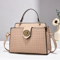 Elegant beige woven texture handbag with metal buckle and shoulder strap on a white surface - Khaki