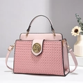 Elegant pink woven leather handbag with golden relief buckle and adjustable strap - Pink