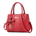Red lychee pattern PU leather tote bag with bow charm and adjustable shoulder strap - Red