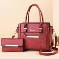 Burgundy faux leather tote bag with floral lace embossing and matching wallet set - Red
