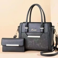 Two-piece charcoal grey tote bag set with floral lace texture and gold hardware detailing - Black