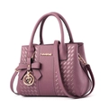 Purple faux leather tote bag with lychee texture and decorative bow charm detail - Purple