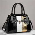 Vertical patchwork faux lizard skin tote bag with gold buckle and polished finish - Black