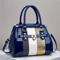 Navy blue faux lizard leather tote bag with three-tone vertical panels and gold hardware - Blue