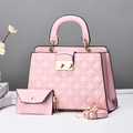 Pink quilted tote bag set with matching pouch, gold hardware and detachable strap - Pink