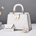 White quilted tote bag set with metal ring handles and matching mini pouch for women - White