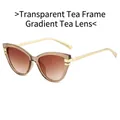 Cat eye sunglasses featuring transparent tea frames and gradient lenses with gold metal legs - Standard Transparent Tea Frame with Gradient Tea Lenses