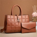 Brown quilted faux leather tote bag set with matching envelope clutch and gold buckle - Khaki/Earth Yellow