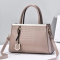 Elegant taupe crocodile pattern PU leather tote bag with gold metal hardware - Khaki