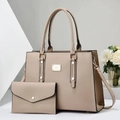 Beige faux leather tote bag with matching envelope pouch and golden hardware accents - Khaki