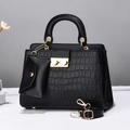 Contrast square handbag with crocodile texture, gold rotary lock, and mini coin purse pouch - Black