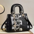 Luxe crocodile pattern patent leather handbag with gold star charm and shoulder strap - Black