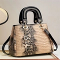 Elegant crocodile pattern tote bag in beige with black handles and gold star pendant - Khaki