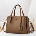 Detail of dark brown lychee texture leather handbag with gold metal B logo pendant - Khaki