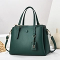 Dark green lychee pattern leather tote bag with gold hardware and shoulder strap - Green