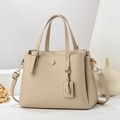Elegant off-white lychee texture tote bag with gold hardware and removable shoulder strap - Apricot