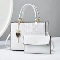White crocodile pattern large shoulder bag set with golden heart charm and dual handles - Crocodile Pattern Composite Bag Set / White