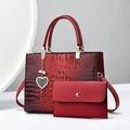 Red crocodile texture tote bag set with heart charm and matching envelope clutch bag - Crocodile Pattern Composite Bag Set / Burgundy