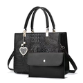 Elegant black crocodile-embossed tote bag set with heart charm and matching pouch - Crocodile Pattern Composite Bag Set / Black