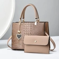 Detail of crocodile embossed leather tote with golden heart pendant and matching small pouch - Crocodile Pattern Composite Bag Set / Khaki