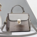 Grey lizard-textured small square bag with glossy flap and gold circular twist lock - Gray