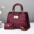 Elegant burgundy quilted handbag set with gold hardware and matching wallet purse - Burgundy