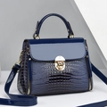 Modern dark blue lizard pattern small square bag with golden hardware and shoulder strap - Blue