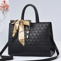 Black tote bag with geometric rhombus texture, silk scarf, and long shoulder strap - Black