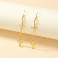 Hammered gold double cross drop earrings with vintage textured religious design - Gold