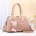 Minimalist nude pink quilted tote bag with top handle, crossbody strap and pompom charm - Khaki