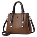 Brown litchi grain leather tote bag with dual handles and detachable shoulder strap - Khaki