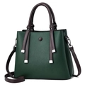 Dark green contrast bag in lychee texture leather with brown handles and silver hardware - Green