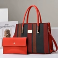 Three-color striped patchwork tote bag with red handle and matching clutch purse - Red
