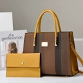 Two-piece yellow and brown textured tote bag set with a matching envelope clutch bag - Beige