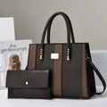 Detail of striped brown tote bag and matching envelope clutch with gold metal logo plaque - Coffee