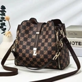 Detail of checkered shoulder bag with letter prints and decorative metal chain - Coffee Plaid