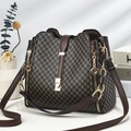 Brown contrast print bucket bag with gold hardware and adjustable shoulder strap - Coffee