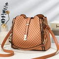 Brown textured leather bucket bag with cross pattern and golden chain handle - Khaki/Earth Yellow